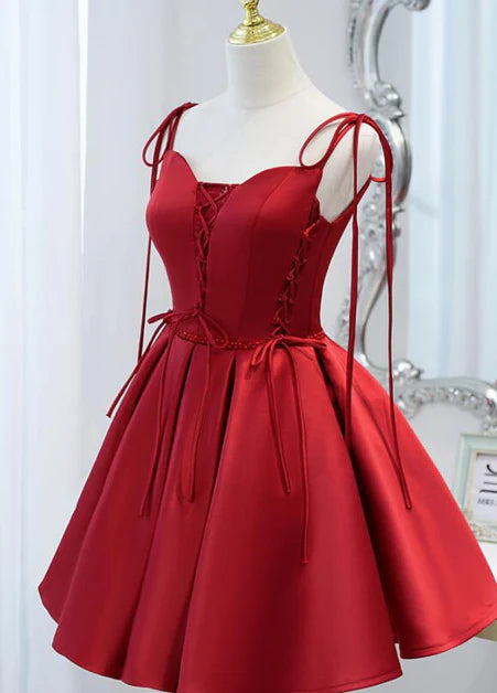 Wine Red Satin Spaghetti Straps Lace-up Beaded Short Prom Dress Party Dresses