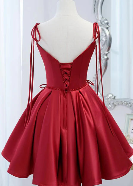 Wine Red Satin Spaghetti Straps Lace-up Beaded Short Prom Dress Party Dresses