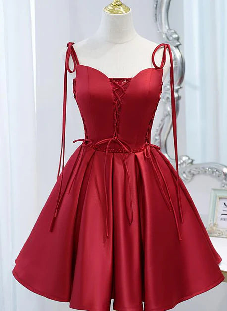 Wine Red Satin Spaghetti Straps Lace-up Beaded Short Prom Dress Party Dresses
