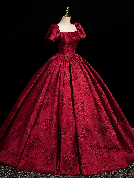 Wine Red Satin Square Neck Short Sleeves Long Evening Dress Prom Dress Party Dress