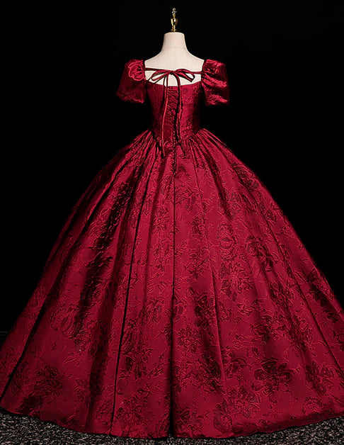 Wine Red Satin Square Neck Short Sleeves Long Evening Dress Prom Dress Party Dress