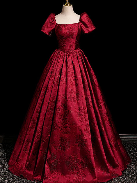 Wine Red Satin Square Neck Short Sleeves Long Evening Dress Prom Dress Party Dress