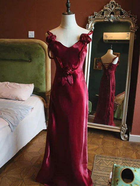 Wine Red Satin V-neckline Flowers Mermaid Long Straps Party Dress Prom Dress