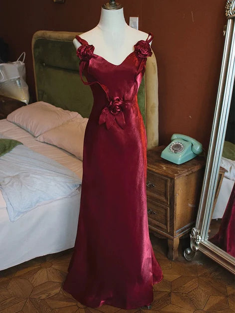 Wine Red Satin V-neckline Flowers Mermaid Long Straps Party Dress Prom Dress