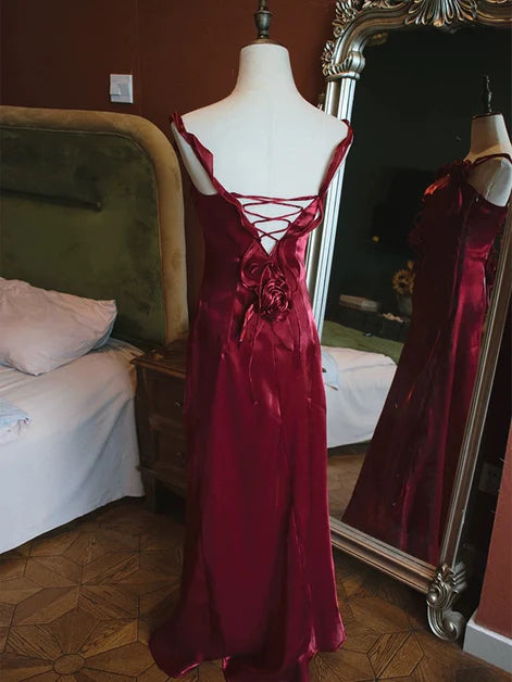 Wine Red Satin V-neckline Flowers Mermaid Long Straps Party Dress Prom Dress