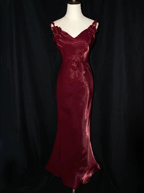 Wine Red Satin V-neckline Flowers Mermaid Long Straps Party Dress Prom Dress