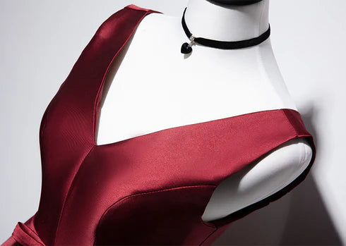Wine Red Satin V-neckline Lace-up Homecoming Dress Prom Dress