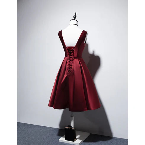 Wine Red Satin V-neckline Lace-up Homecoming Dress Prom Dress