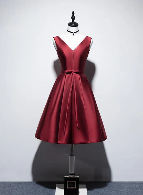 Wine Red Satin V-neckline Lace-up Homecoming Dress Prom Dress