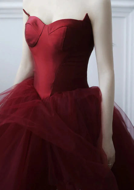 Wine Red Satin and Tulle Off Shoulder Party Dress Prom Dress Evening Dress