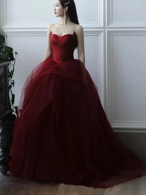 Wine Red Satin and Tulle Off Shoulder Party Dress Prom Dress Evening Dress