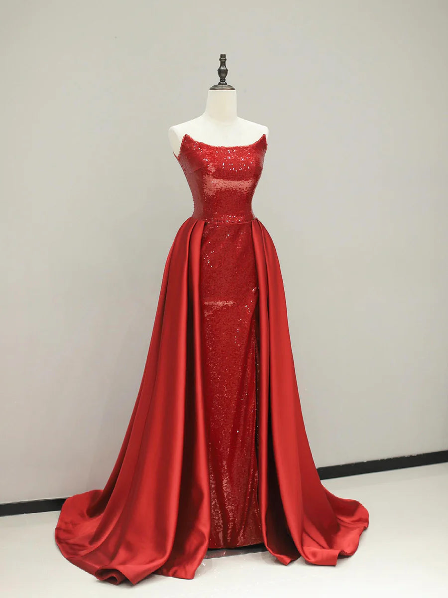 Wine Red Sequin Mermaid Evening Dresses Elegant Strapless Party Dresses With Overskirt