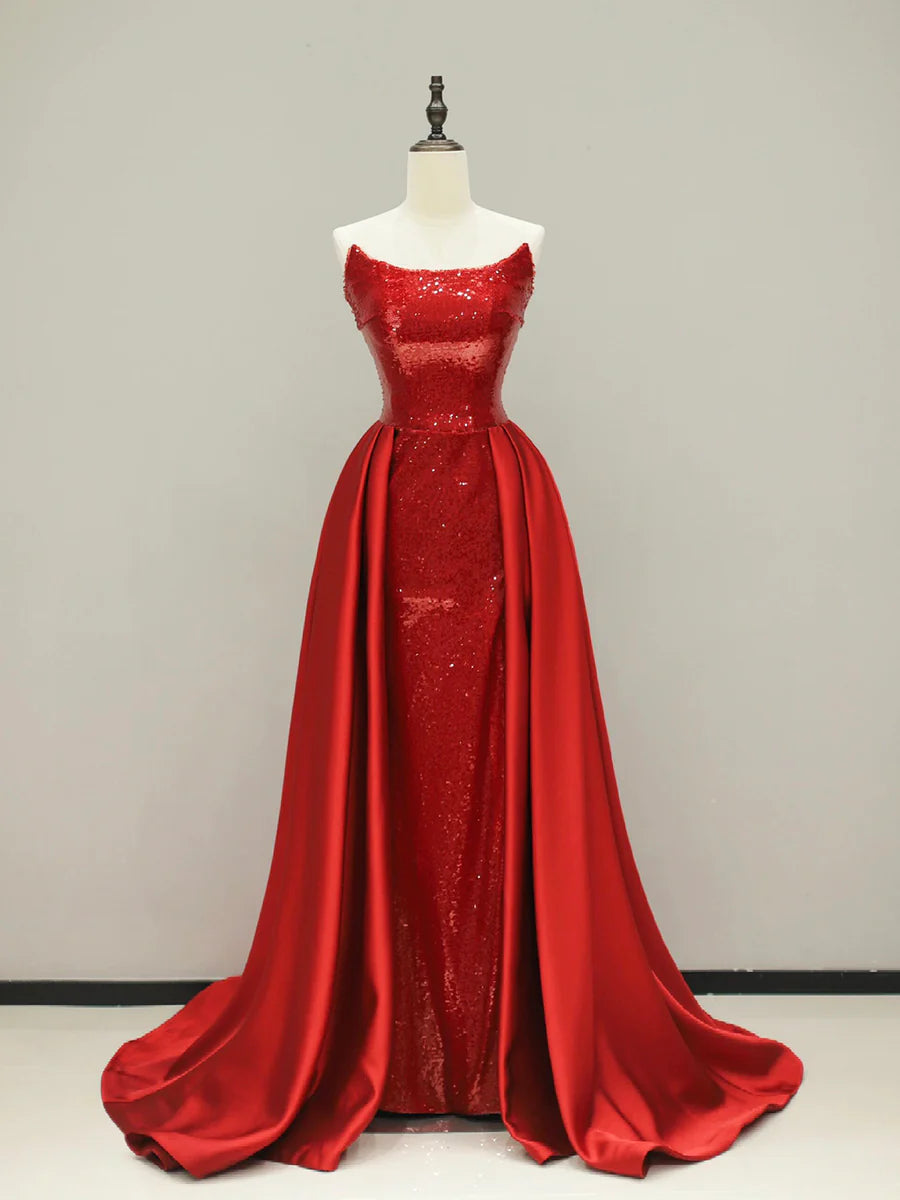 Wine Red Sequin Mermaid Evening Dresses Elegant Strapless Party Dresses With Overskirt