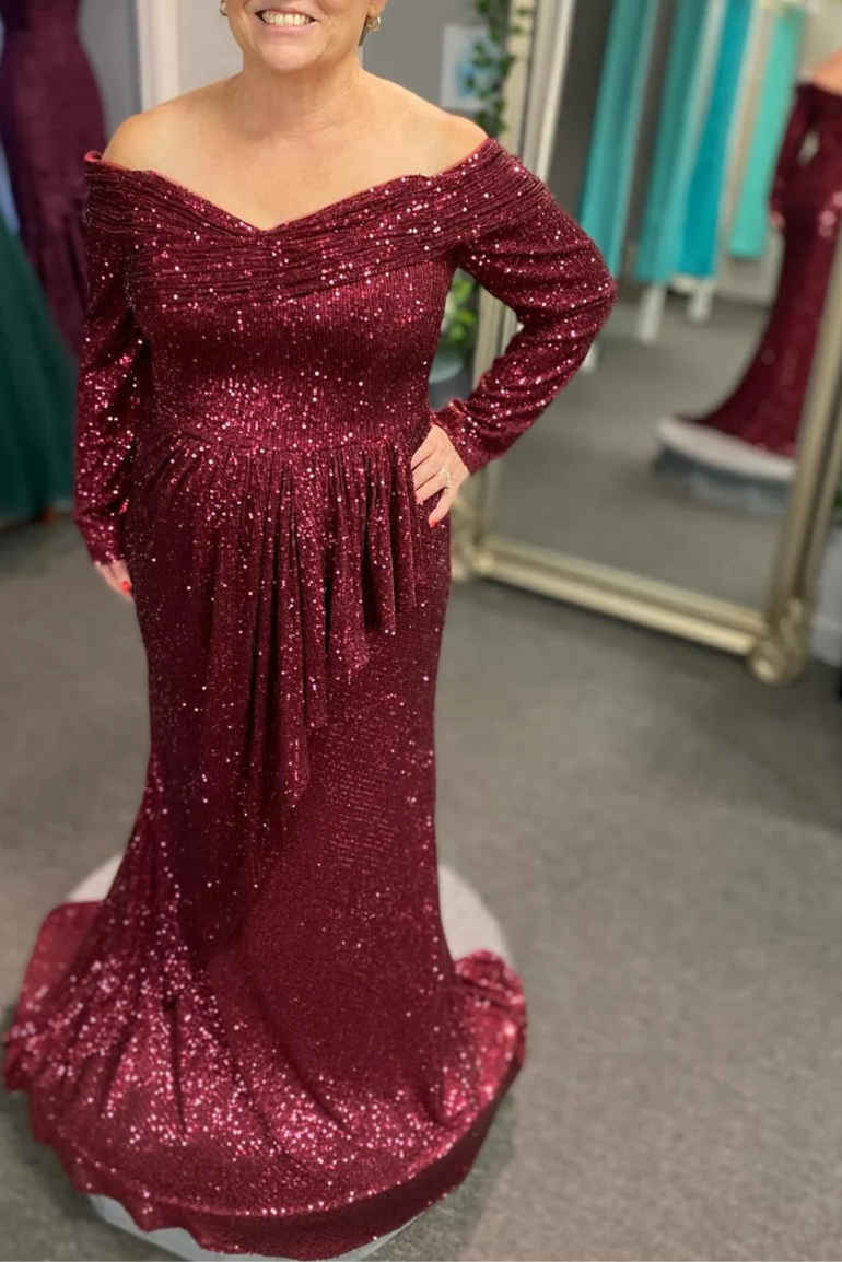 Wine Red Sequin Off-the-Shoulder Long sleeves Ruffle Floor Length Mother of the Bride Dresses