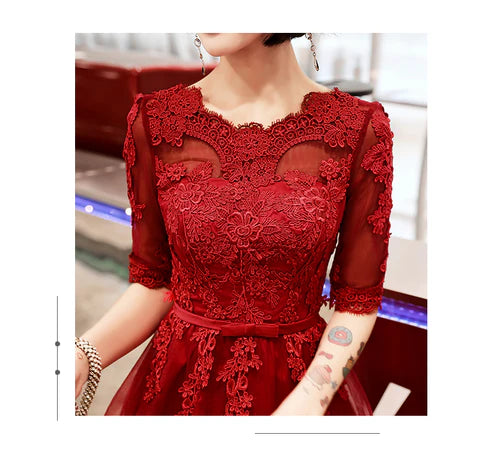 Wine Red Short Sleeves Lace and Tulle With Applique Homecoming Dress Prom Dress