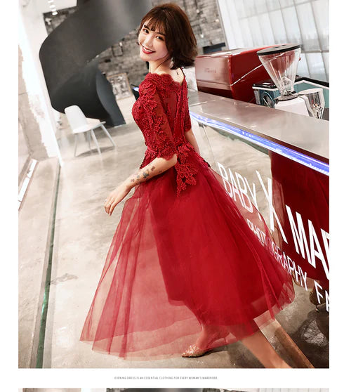 Wine Red Short Sleeves Lace and Tulle With Applique Homecoming Dress Prom Dress