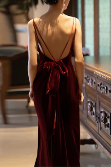 Wine Red Spaghetti Straps Low Back Floor Length Wedding Party Dress Wine Red Prom Dress