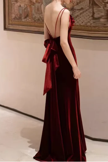 Wine Red Spaghetti Straps Low Back Floor Length Wedding Party Dress Wine Red Prom Dress