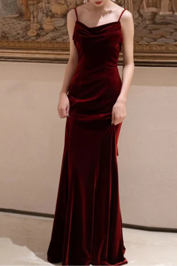 Wine Red Spaghetti Straps Low Back Floor Length Wedding Party Dress Wine Red Prom Dress