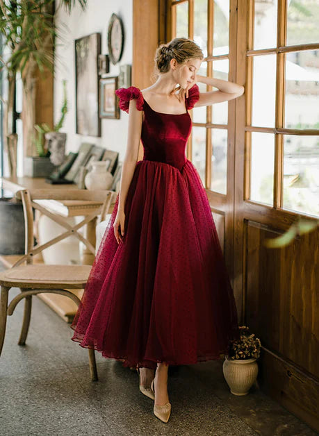 Wine Red Square Neck Ankle Length Tulle Party Dress Homecoming Dress