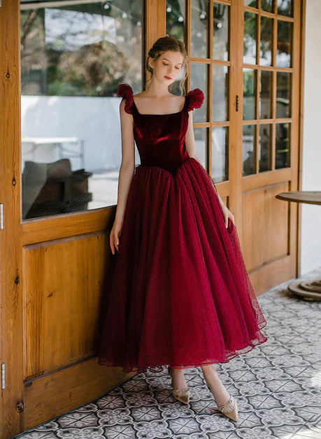 Wine Red Square Neck Ankle Length Tulle Party Dress Homecoming Dress
