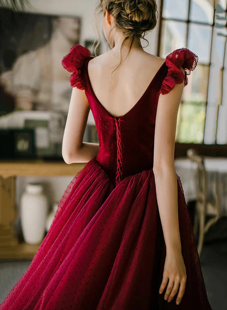 Wine Red Square Neck Ankle Length Tulle Party Dress Homecoming Dress