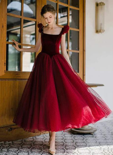 Wine Red Square Neck Ankle Length Tulle Party Dress Homecoming Dress