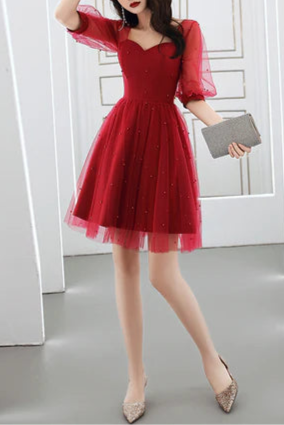 Wine Red Tulle With Beaded Short Sleeves Homecoming Dress Prom Dress Party Dress