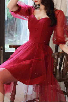 Wine Red Tulle With Beaded Short Sleeves Homecoming Dress Prom Dress Party Dress