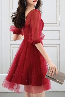 Wine Red Tulle With Beaded Short Sleeves Homecoming Dress Prom Dress Party Dress