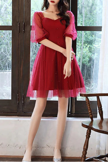 Wine Red Tulle With Beaded Short Sleeves Homecoming Dress Prom Dress Party Dress