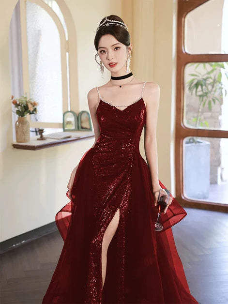 Wine Red V-neckline Sequins A-line Slit Beaded Party Dress Prom Dress Evening Dress