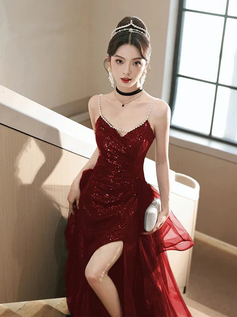 Wine Red V-neckline Sequins A-line Slit Beaded Party Dress Prom Dress Evening Dress
