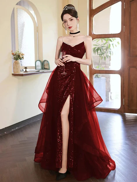 Wine Red V-neckline Sequins A-line Slit Beaded Party Dress Prom Dress Evening Dress