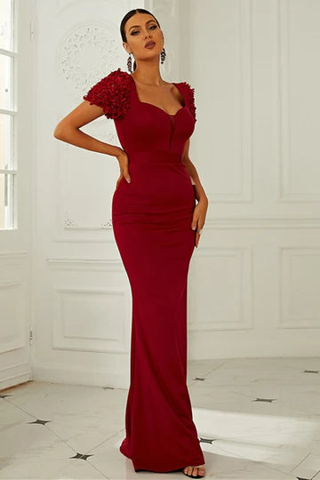 Wine Red V Neck Puff Sleeve Floor Length Formal Dress Evening Dress