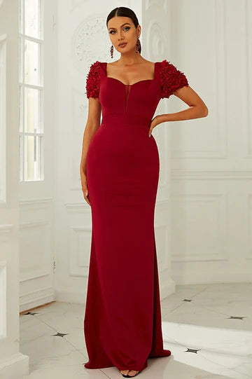 Wine Red V Neck Puff Sleeve Floor Length Formal Dress Evening Dress
