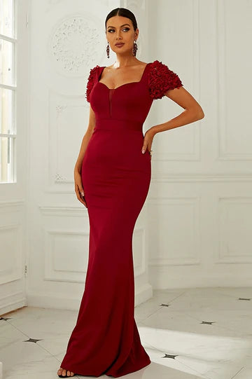 Wine Red V Neck Puff Sleeve Floor Length Formal Dress Evening Dress