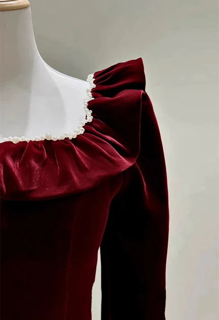 Wine Red Velvet A-line Long Sleeves Beaded Party Dress Evening Dress Prom Dress