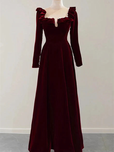 Wine Red Velvet A-line Long Sleeves Beaded Party Dress Evening Dress Prom Dress