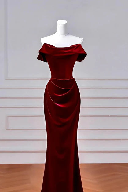 Wine Red Velvet Mermaid Off Shoulder Lace-up Evening Dress Prom Dress