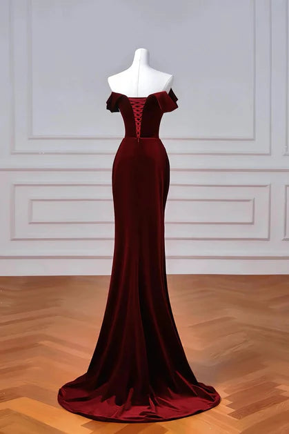 Wine Red Velvet Mermaid Off Shoulder Lace-up Evening Dress Prom Dress