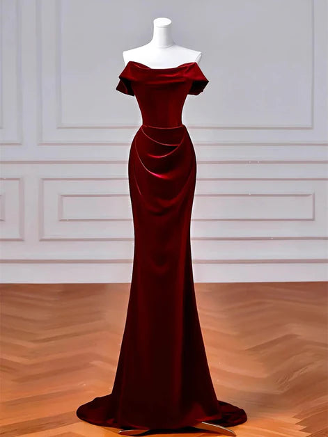 Wine Red Velvet Mermaid Off Shoulder Lace-up Evening Dress Prom Dress