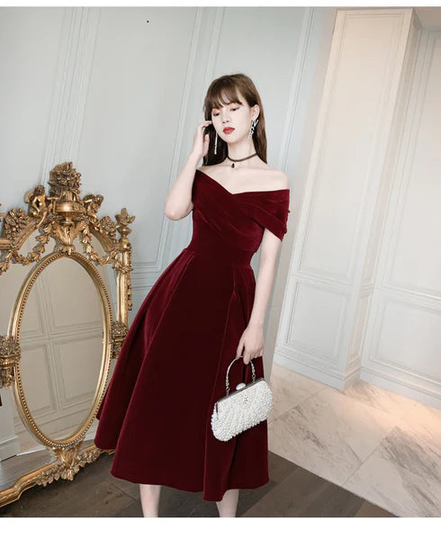 Wine Red Velvet Off Shoulder V Neck Dress Prom Dress Party Dress Homecoming Dress