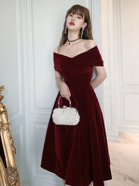 Wine Red Velvet Off Shoulder V Neck Dress Prom Dress Party Dress Homecoming Dress