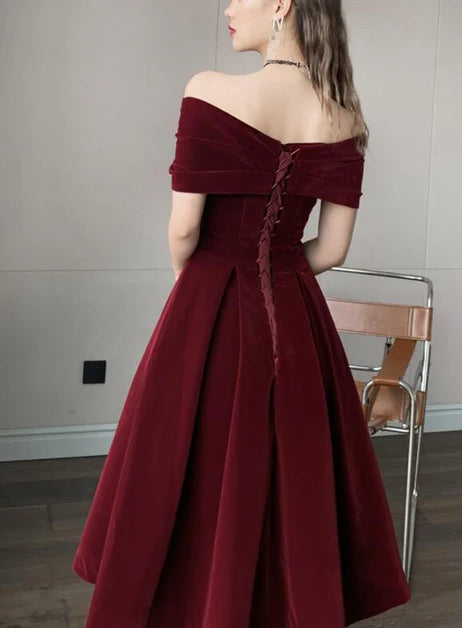 Wine Red Velvet Off Shoulder V Neck Dress Prom Dress Party Dress Homecoming Dress