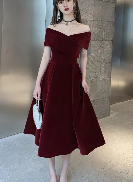 Wine Red Velvet Off Shoulder V Neck Dress Prom Dress Party Dress Homecoming Dress
