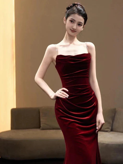 Wine Red Velvet Spaghetti Straps Long Mermaid Party Dress Evening Dress Prom Dress