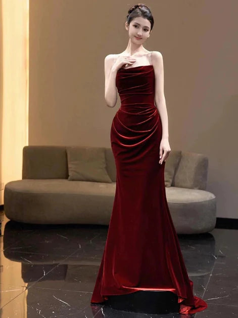 Wine Red Velvet Spaghetti Straps Long Mermaid Party Dress Evening Dress Prom Dress