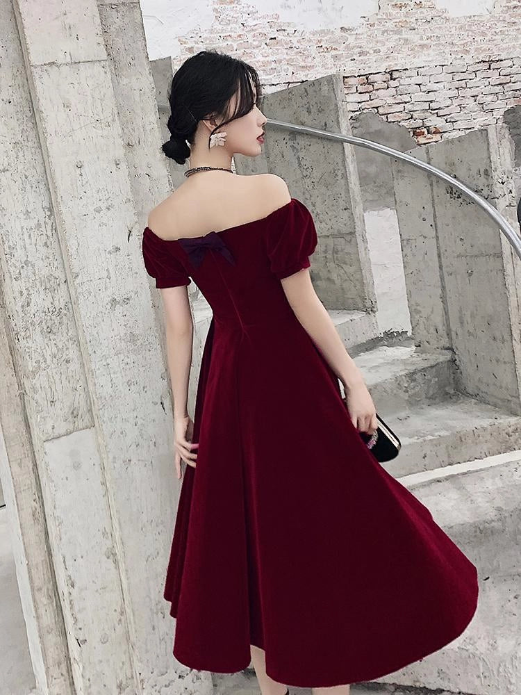 Wine Red Velvet Sweetheart Short Evening Dresses Off Shoulder Prom Dresses Bridesmaid Dress