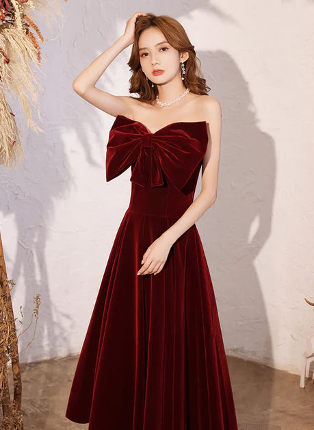 Wine Red Velvet Tea Length With Bow Party Dress Homecoming Dress Prom Dress